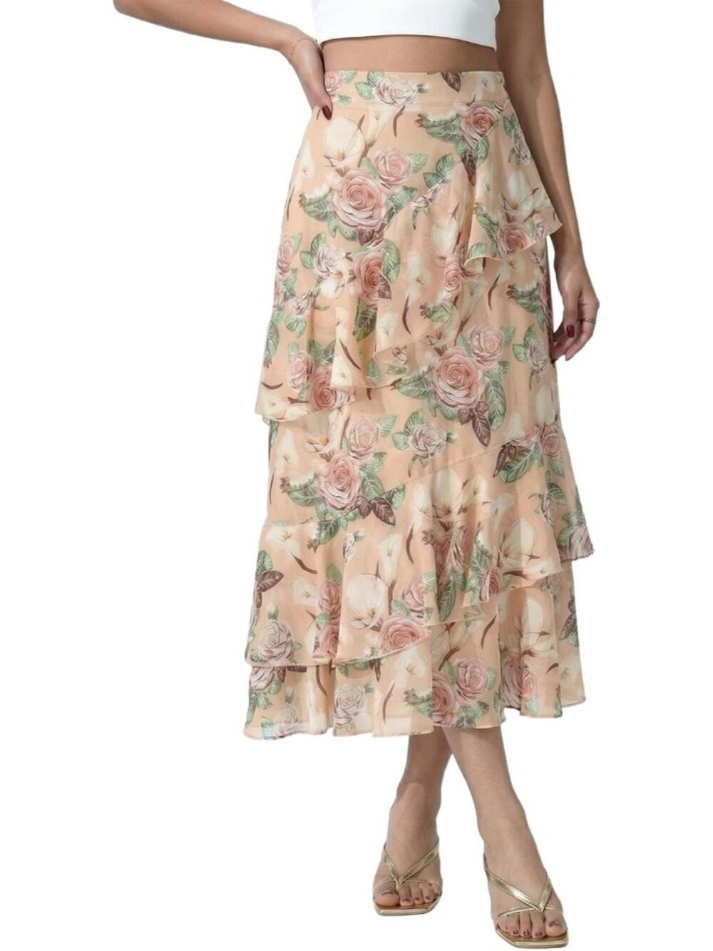 Women's Boho Flowy Apricot Maxi Skirt Flared Ruffle A Line Spring Long Skirts